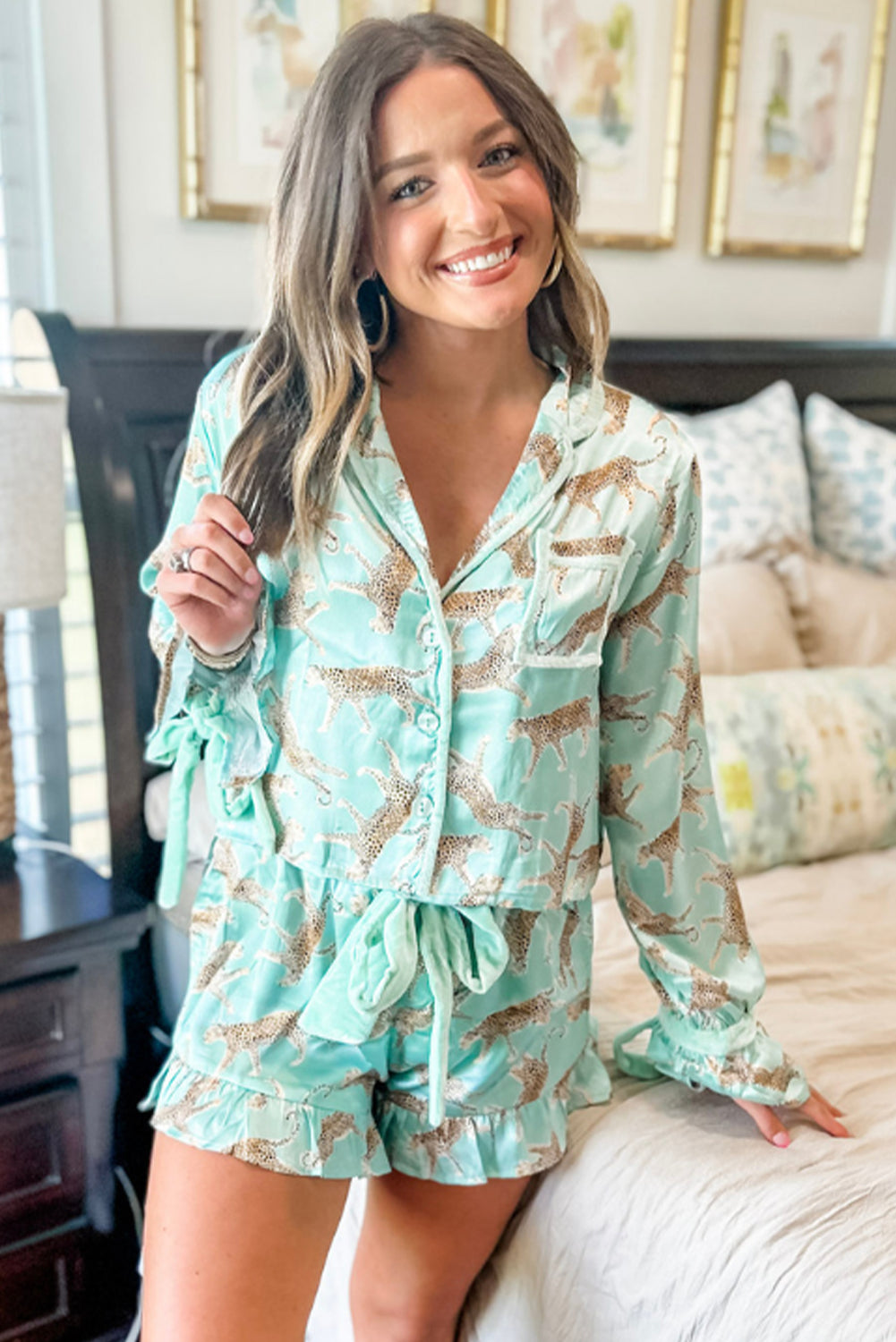 Green Leopard Satin Ruffle Pyjama Short Set