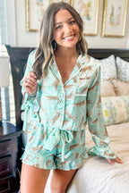 Green Leopard Satin Ruffle Pyjama Short Set