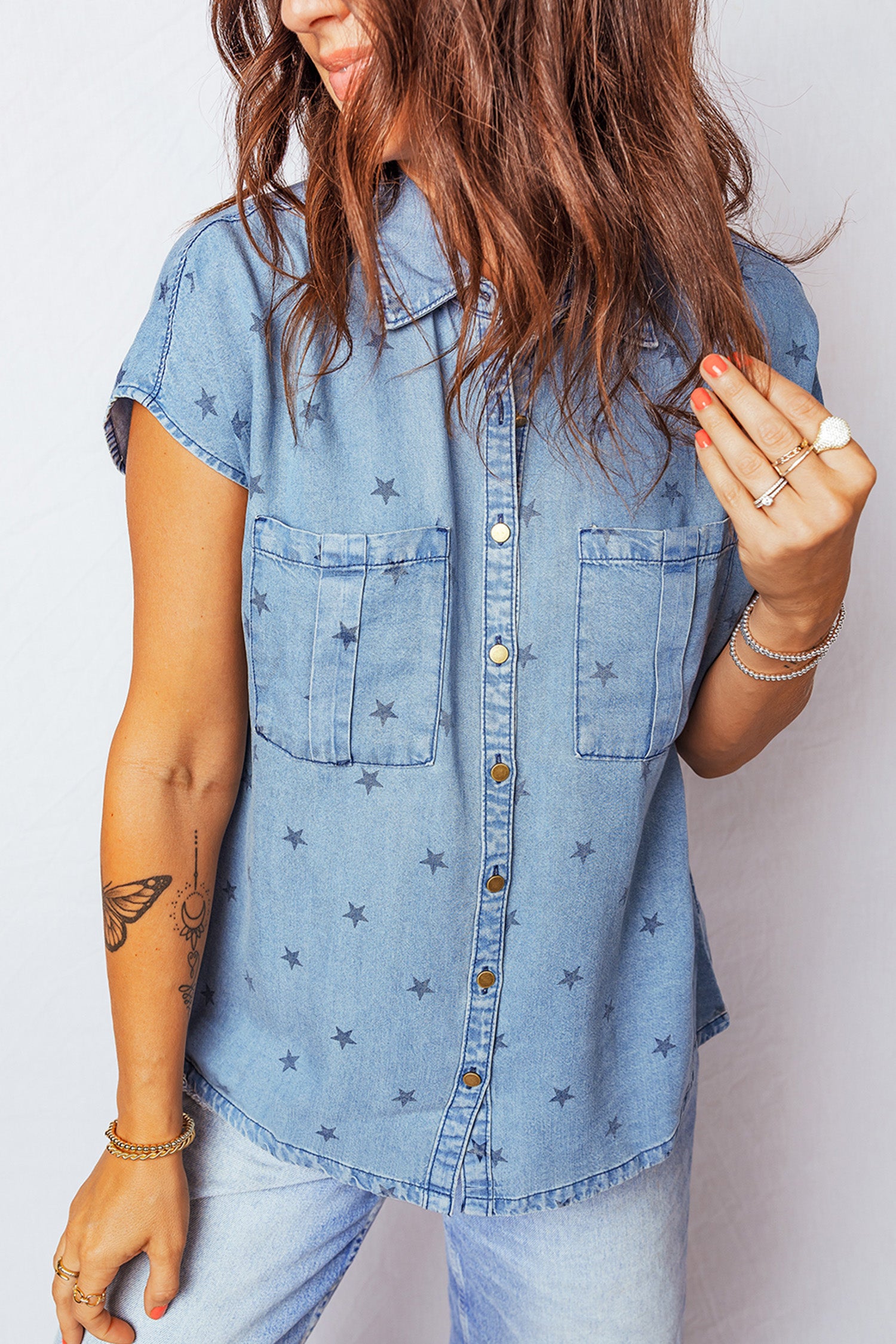 Beau Blue Star Allover Print Double Chest Pocket Short Sleeve Denim Shirt