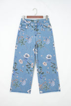 Sky Blue Retro Floral Print Frayed Hem Shift Jeans