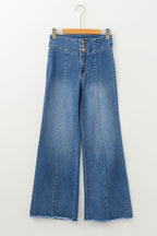 High Waist Button Fly Seamed Raw Hem Flare Jeans