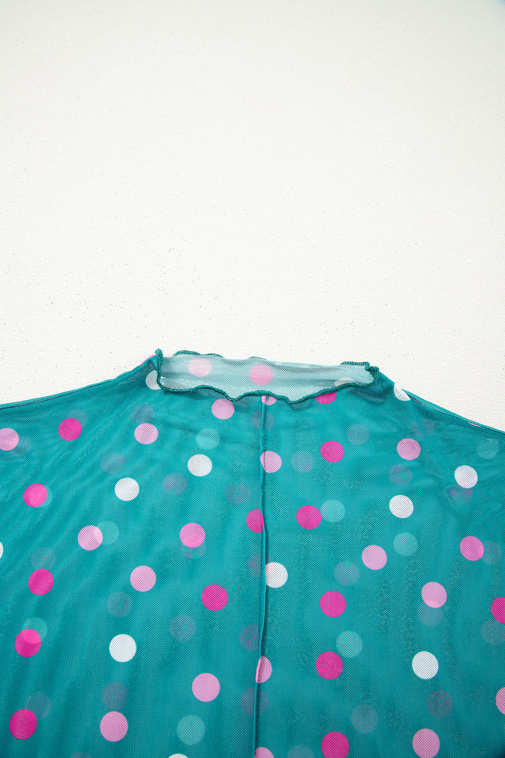 Polka Dot Patterned Bodycon Mock Neck Mesh Long Sleeve Top