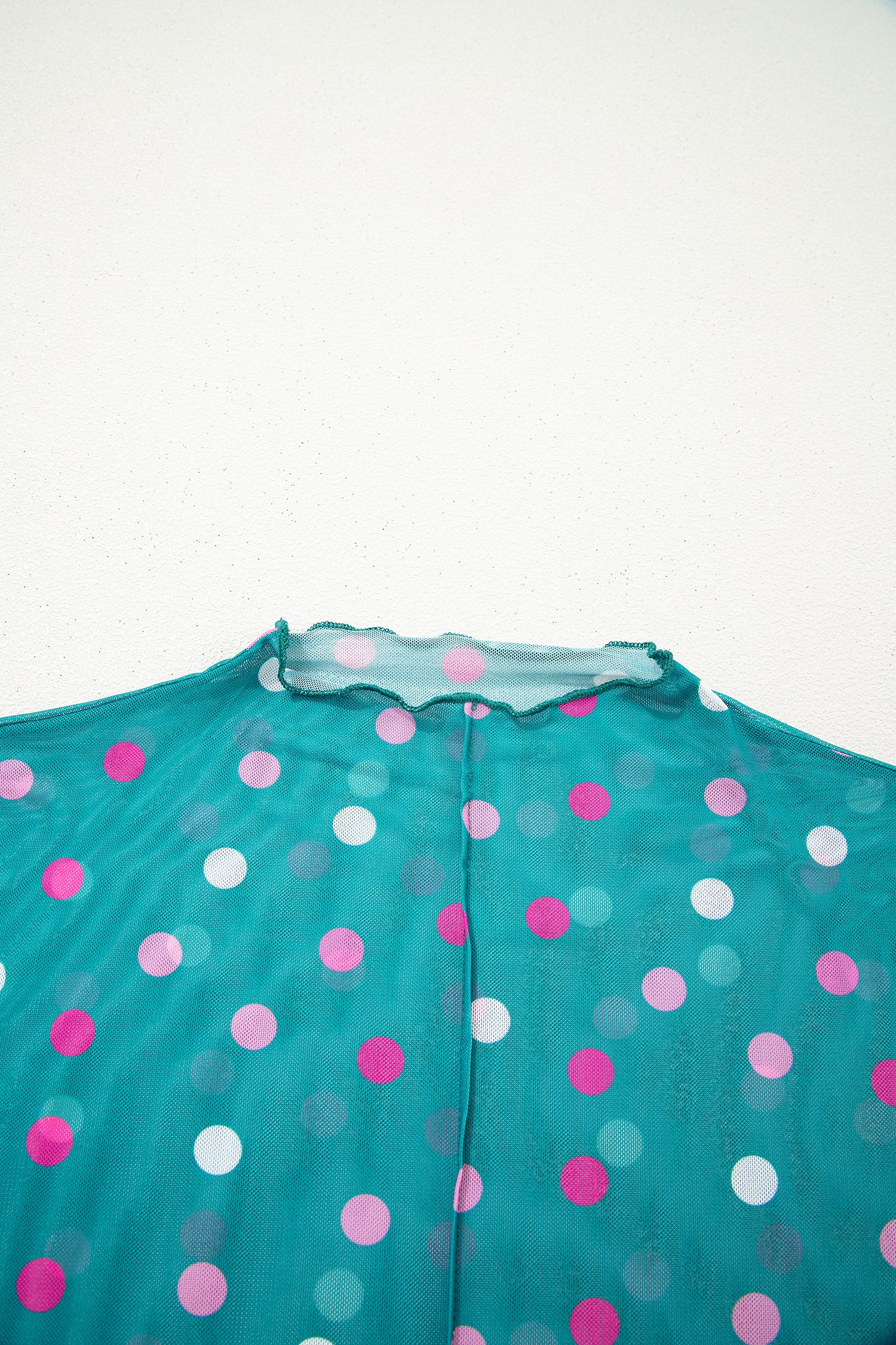 Polka Dot Patterned Bodycon Mock Neck Mesh Long Sleeve Top