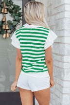 Striped Collar V Neck Ruffled Short Sleeve Blouse