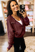 Waffle Splicing Zip Up Front Button Hooded Jacket