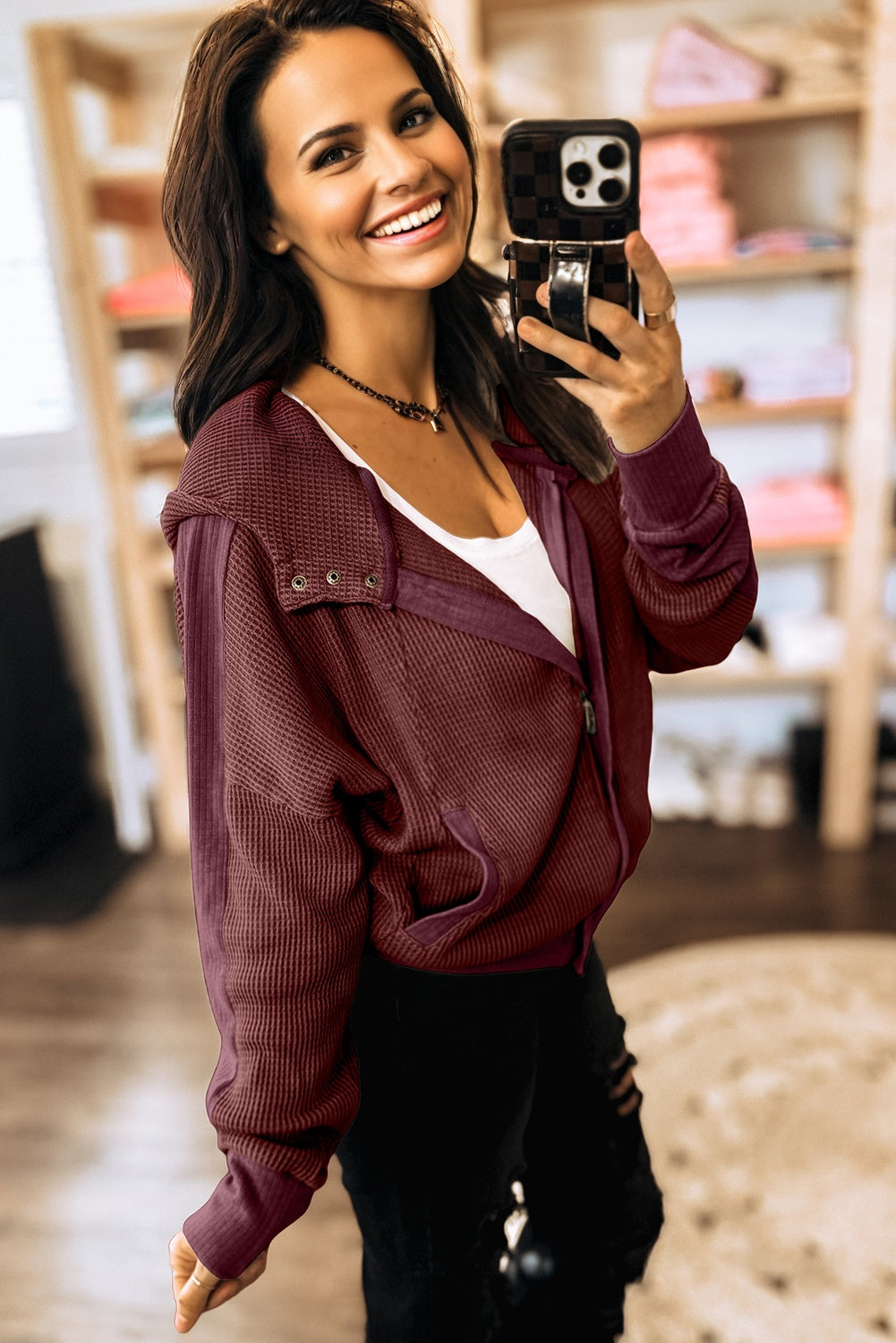 Waffle Splicing Zip Up Front Button Hooded Jacket