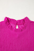 Rose Red Solid Color Textured Ruffle Trim Short Sleeve Blouse