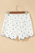 White Polka Dot Print Embroidered Scallop Hem Shorts