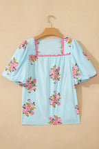 Sky Blue Floral Printed Contrast Ricrac Detail Bubble Sleeve Blouse