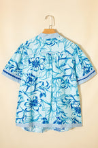Sky Blue Plus Size Scalloped Trim Floral Short Sleeve Blouse