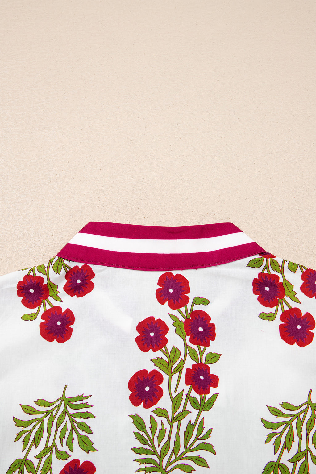 Floral Short Bubble Sleeve Contrast Slit Neckline Blouse