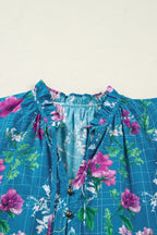 Blue Floral Flutter Sleeve Button Tie Split Neck Belted Long Dress