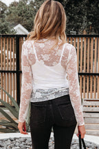 Sheer Floral Lace Mesh Mock Neck Long Sleeve Top