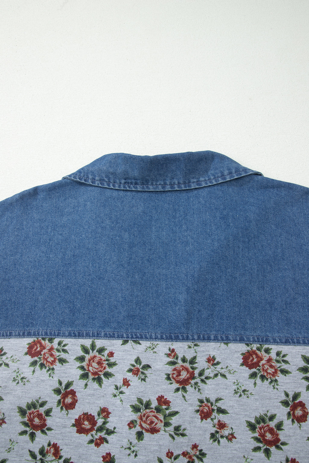 Grey Retro Floral Print Denim Patchwork Plus Size Polo Tee