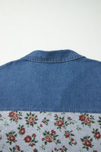 Grey Retro Floral Print Denim Patchwork Plus Size Polo Tee