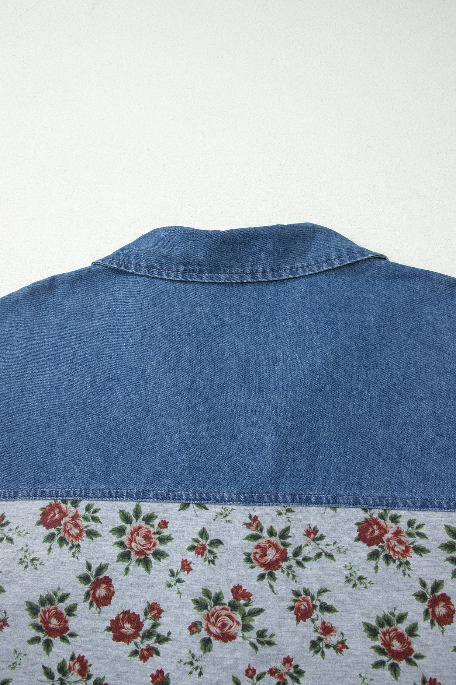 Grey Retro Floral Print Denim Patchwork Plus Size Polo Tee