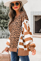 Striped Color Block Patchwork Leopard Casual Sweatshirt with Slits