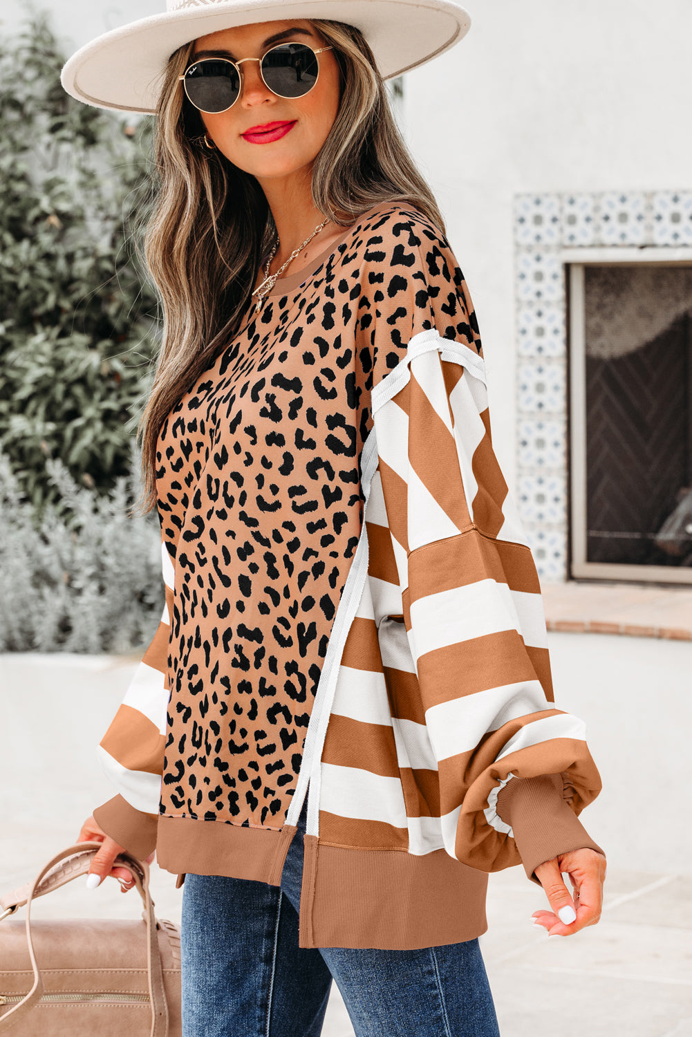 Striped Color Block Patchwork Leopard Casual Sweatshirt with Slits
