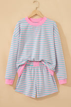 Striped Color Block Detail Long Sleeve Pullover Elastic Waist Pull On Shorts 2pcs Set
