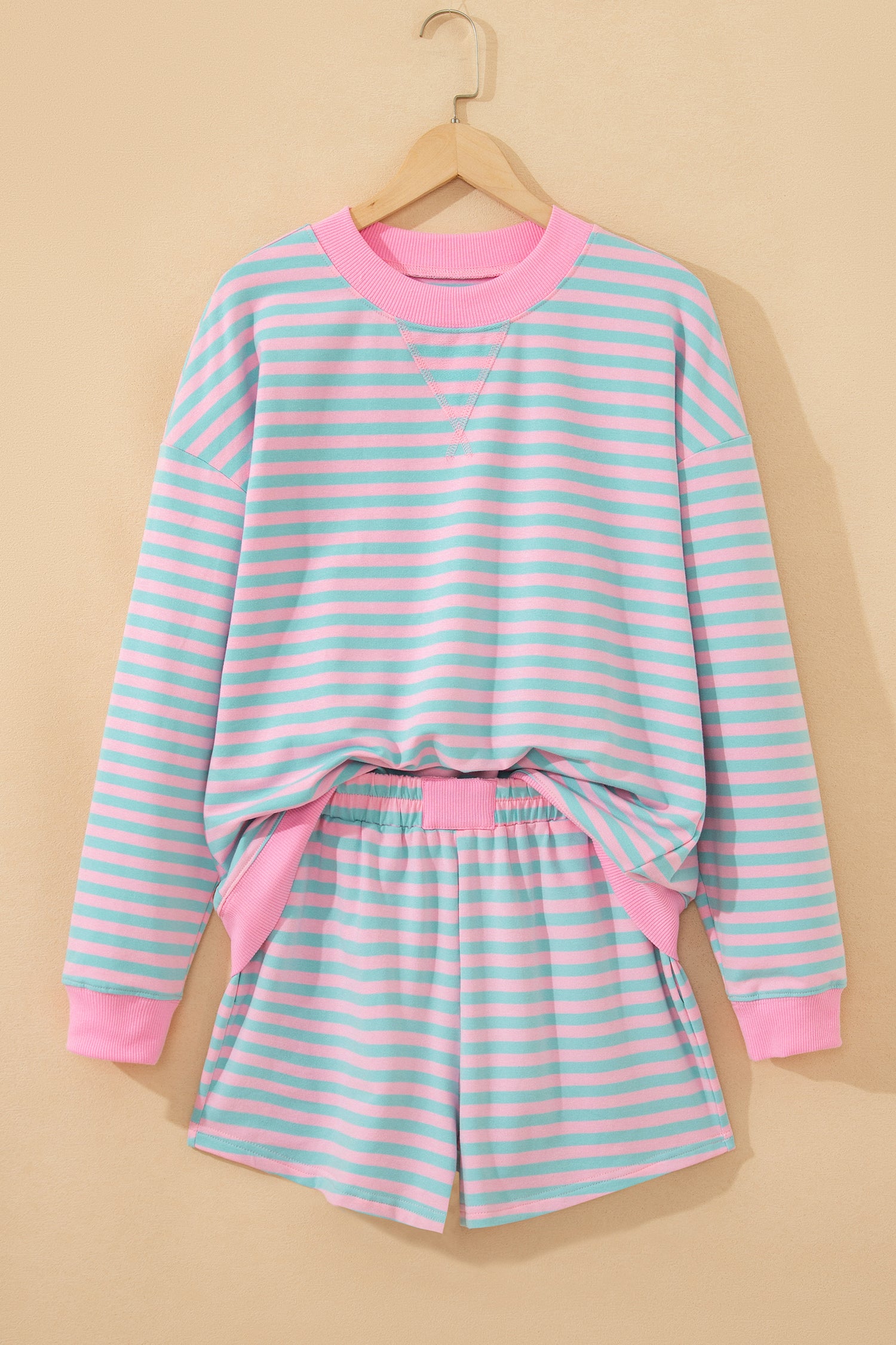 Striped Color Block Detail Long Sleeve Pullover Elastic Waist Pull On Shorts 2pcs Set