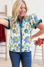 Beige Floral Print Contrasted Frilled Striped Trim Short Sleeve Blouse