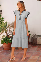 Black Stripe Contrast Trim V Neck Flutter Sleeve Casual Long Dress