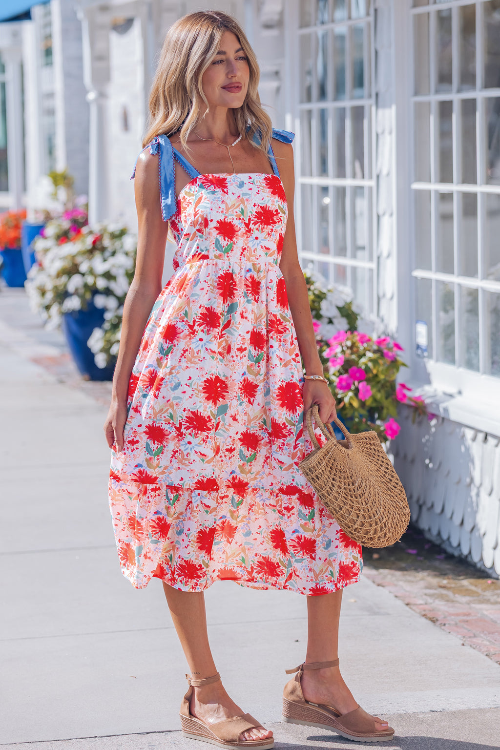 Floral Print Contrast Stitched Knot Denim Straps High Waist Dress
