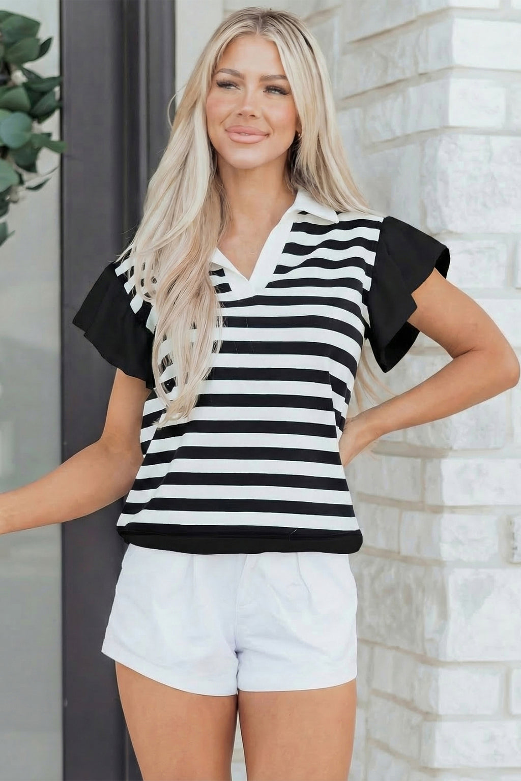 Striped Collar V Neck Ruffled Short Sleeve Blouse