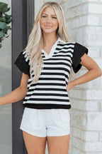 Striped Collar V Neck Ruffled Short Sleeve Blouse