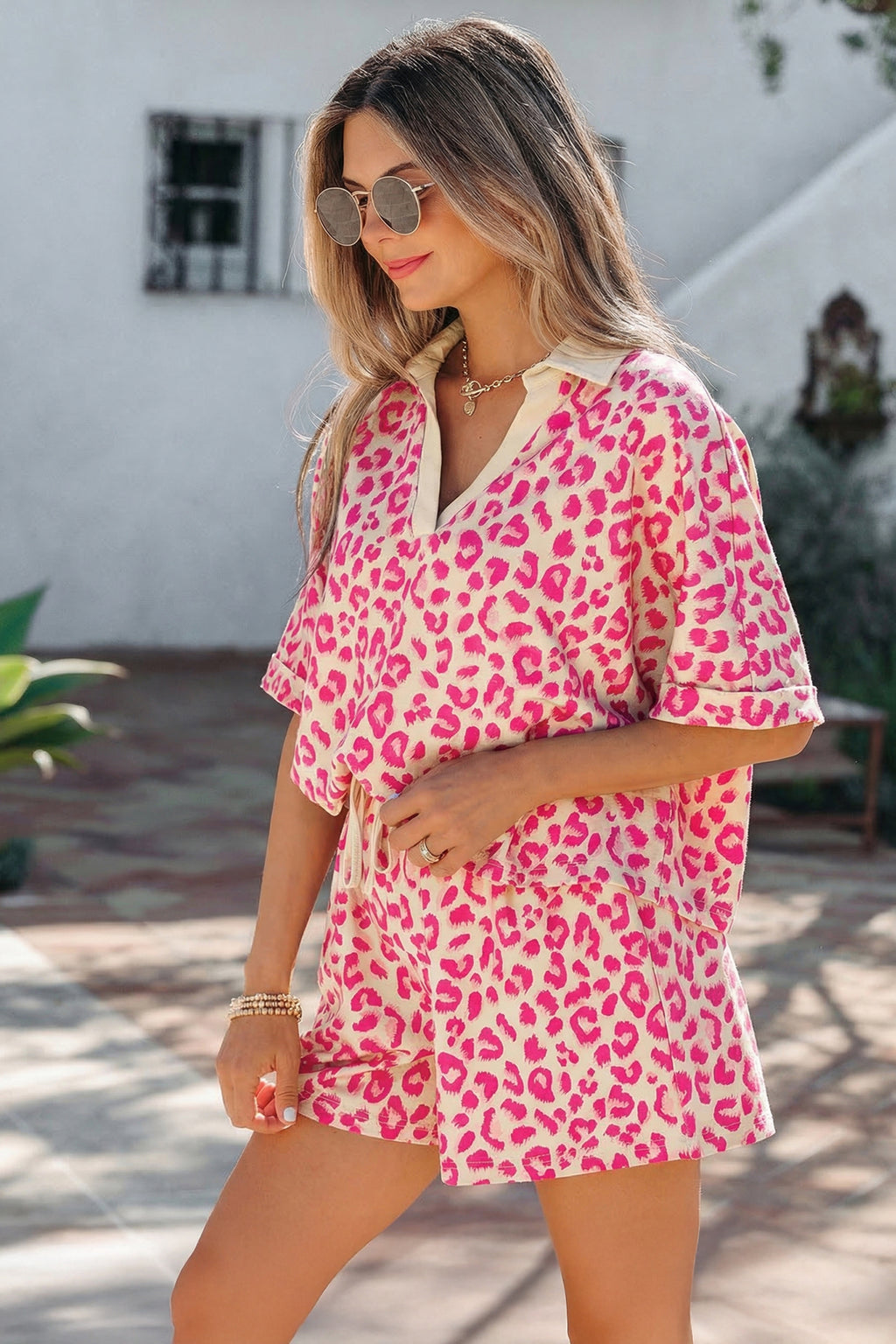 V Neck Collar Leopard Printed 2pcs Short Set