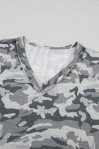 Green Retro Camouflage Print Raw Edge V Neck Tee