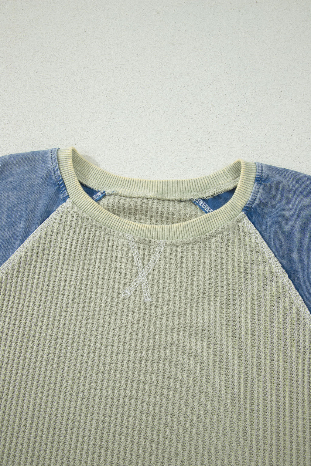 Waffle Knit Seam Detail Color Block Patchwork Short Sleeve Top