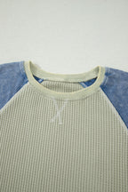 Waffle Knit Seam Detail Color Block Patchwork Short Sleeve Top