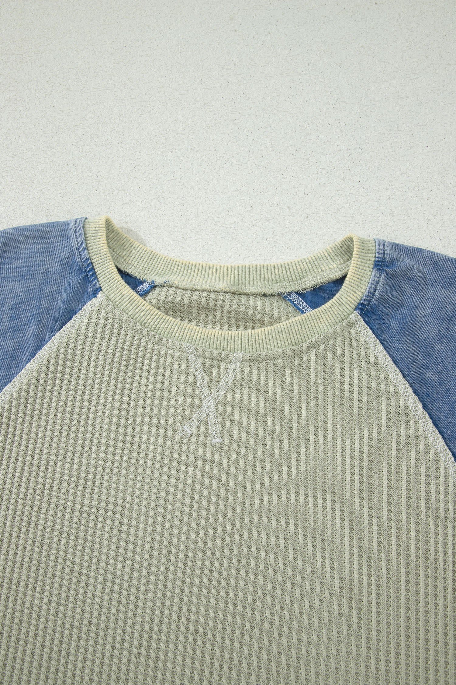 Waffle Knit Seam Detail Color Block Patchwork Short Sleeve Top