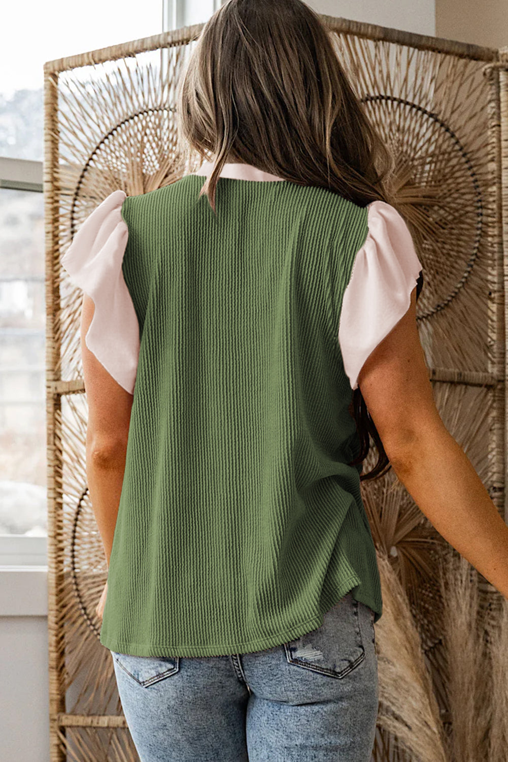 Plus Size Contrast Frilled Neckline Ruffled Short Sleeve Ribbed Textured Blouse