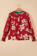 Red Contrast Tied Neck Shirred Puff Sleeve Flower Blouse
