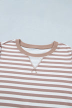 Orange Stripe Ribbed Trim Round Neck Short Puff Sleeve Plus T Shirt