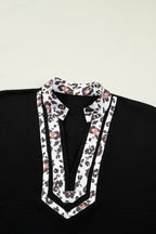 Black Dolman Half Sleeve Leopard Patchwork Trim V Neck Blouse