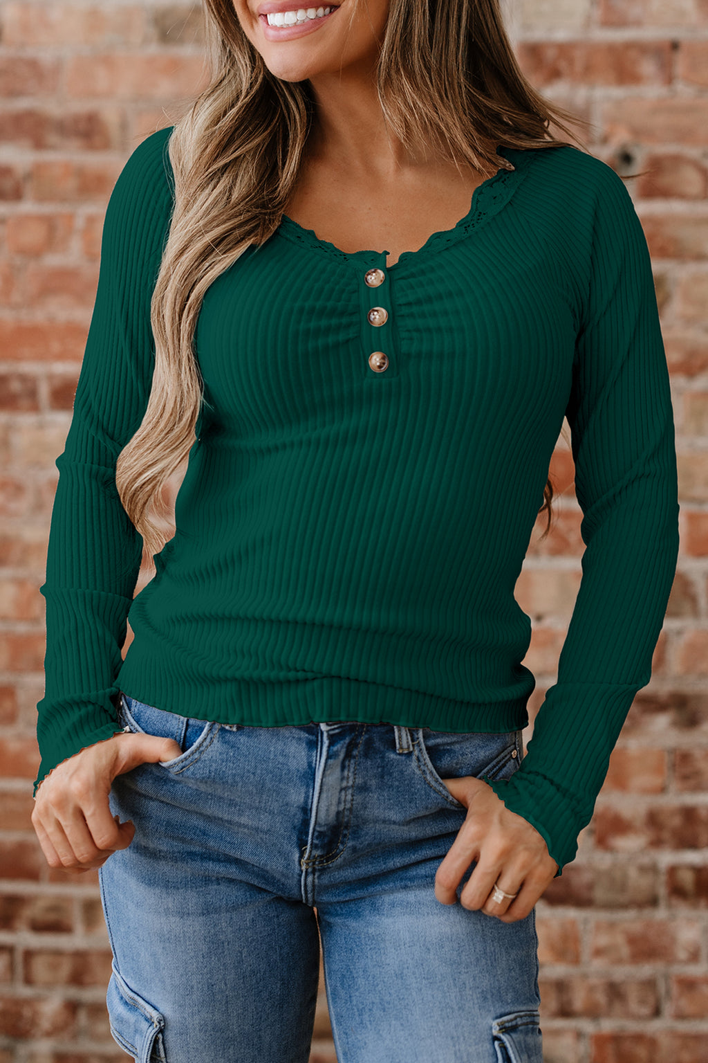 Lace Neckline Button Decor Lettuce Edge Long Sleeve Ribbed Top