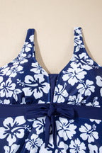 Blue Floral Print Patchwork Bow Knot Detail Sleeveless Swim Dress