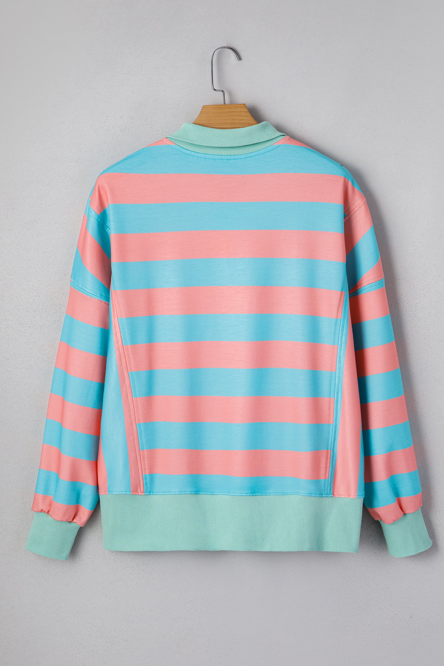 Pink Stripe Colorblock Drop Shoulder Buttoned Collar Side Slit Pullover Top