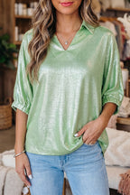 Collared V Neck Half Sleeve Metallic Top