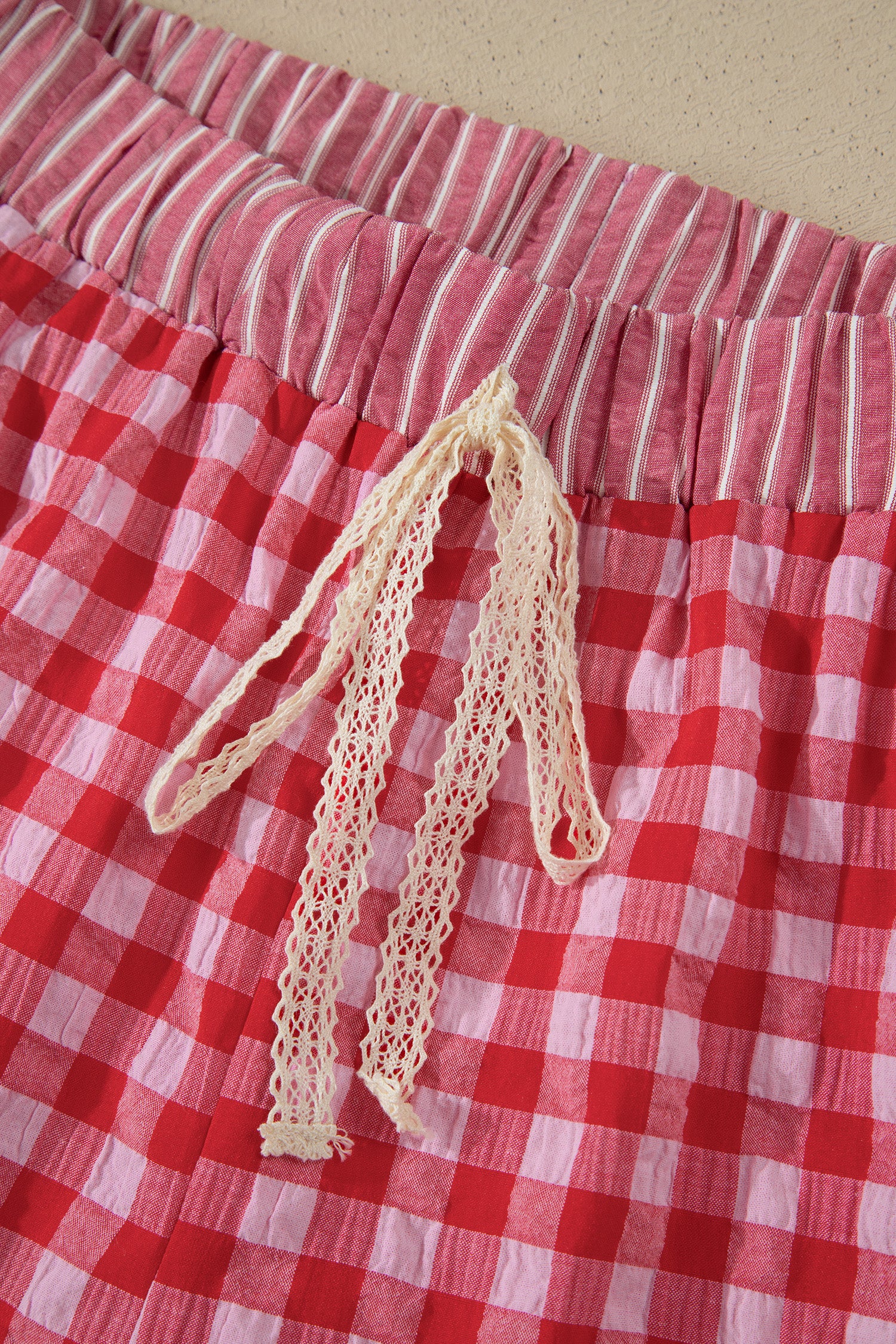 Gingham Print Ruffle Striped Detail Lace Tie Shorts