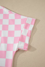 Checkered Print Colour Block Trim Mock Neck Short Set
