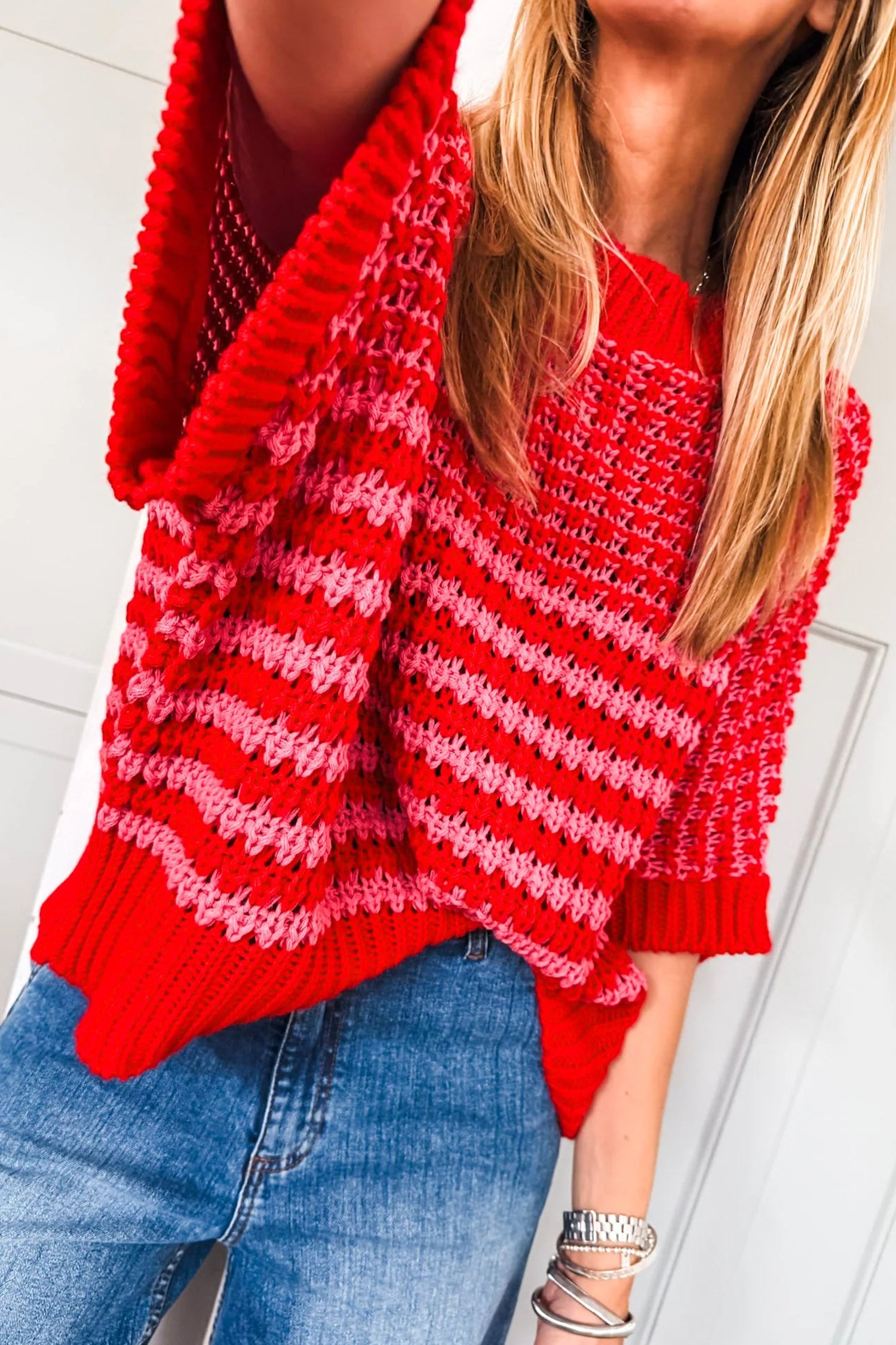 Striped 3/4 Draped Sleeve Slouchy Sweater