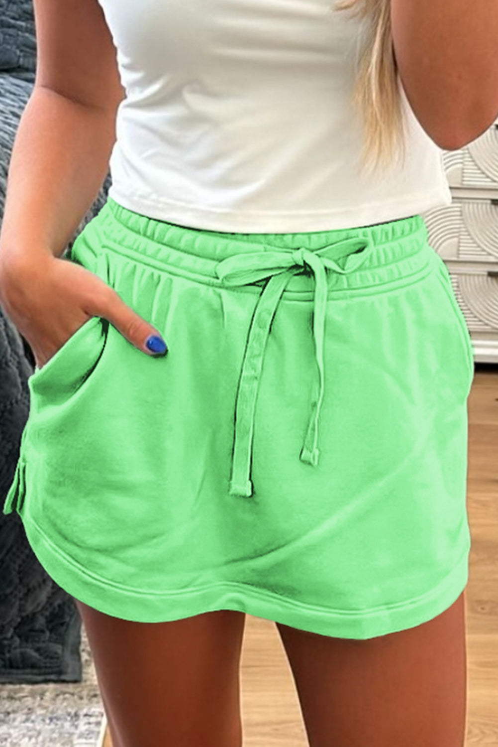 French Terry Drawstring Elastic Waistband Mini Skort with Pockets
