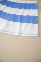 Sky Blue Stripe Drop Shoulder Zipped Collar T Shirt Plus Size Shorts Set