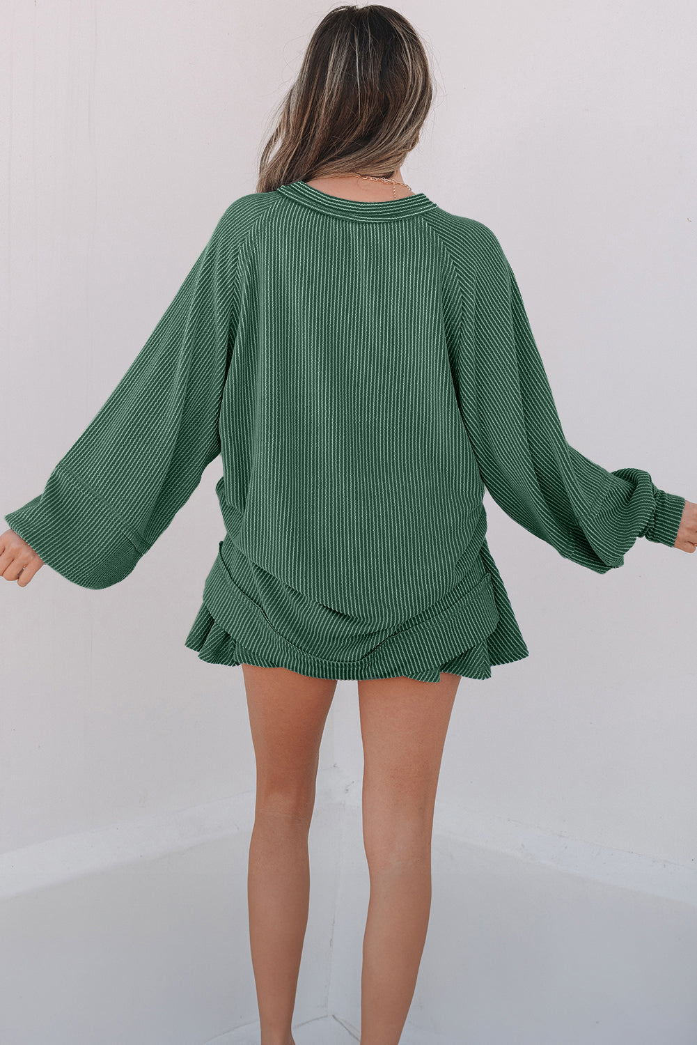 Corded Lantern Sleeve Top High Waist Ruffled Mini Skort Set