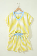 Yellow Stripe Colorblock Trim V Neck Tee Drawstring Elastic Waist Short Set