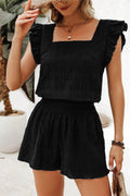 Textured Square Neck Top and Shirred High Waist Shorts Set